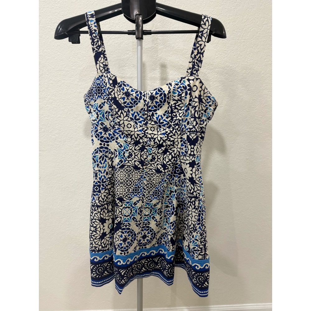 Avec Les Filles Blue White Floral Mosaic‎ Tile Print Mini Dress Women 12 Cottage